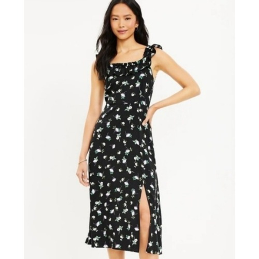 LOFT Floral Ruffle Neck Midi Dress Black‎ White Purple Sleeveless
